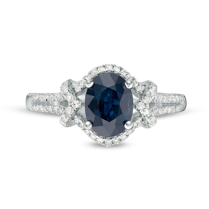 Oval Blue Sapphire and 1/4 CT. T.W. Diamond Chevron Collar Ring in 10K White Gold