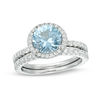 Thumbnail Image 0 of 8.0mm Simulated Aquamarine and Lab-Created White Topaz Frame Bridal Set in Sterling Silver