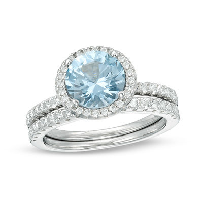 AFFY Simulated Aquamarine & White Cubic Zirconia Engagement Ring 14k Gold Over Sterling Silver