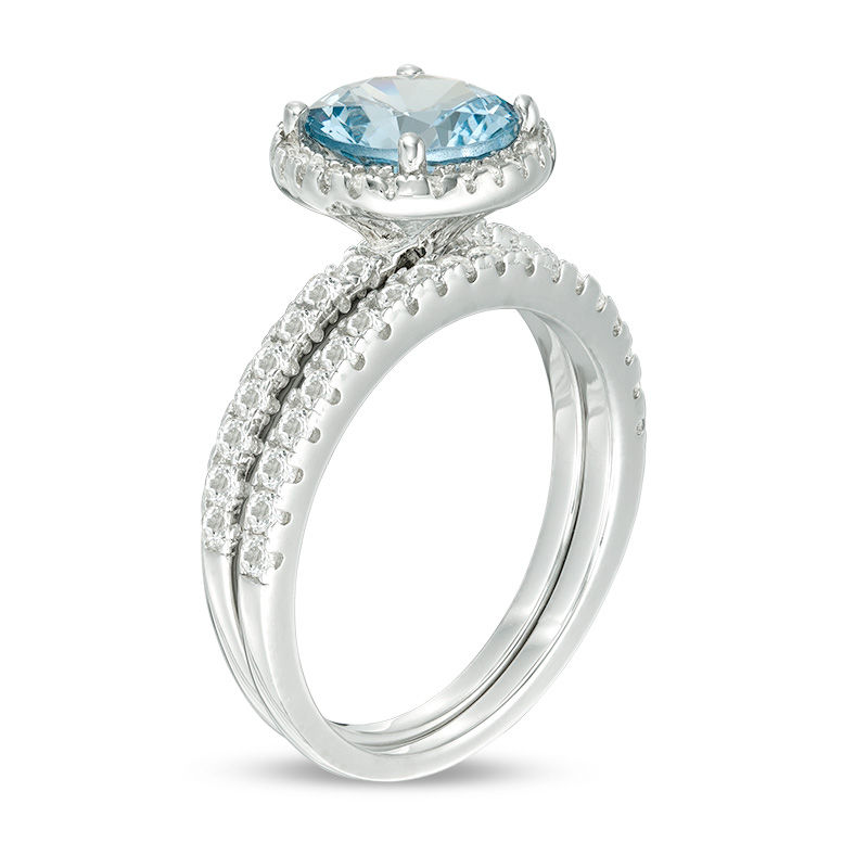 8.0mm Simulated Aquamarine and Lab-Created White Topaz Frame Bridal Set in Sterling Silver