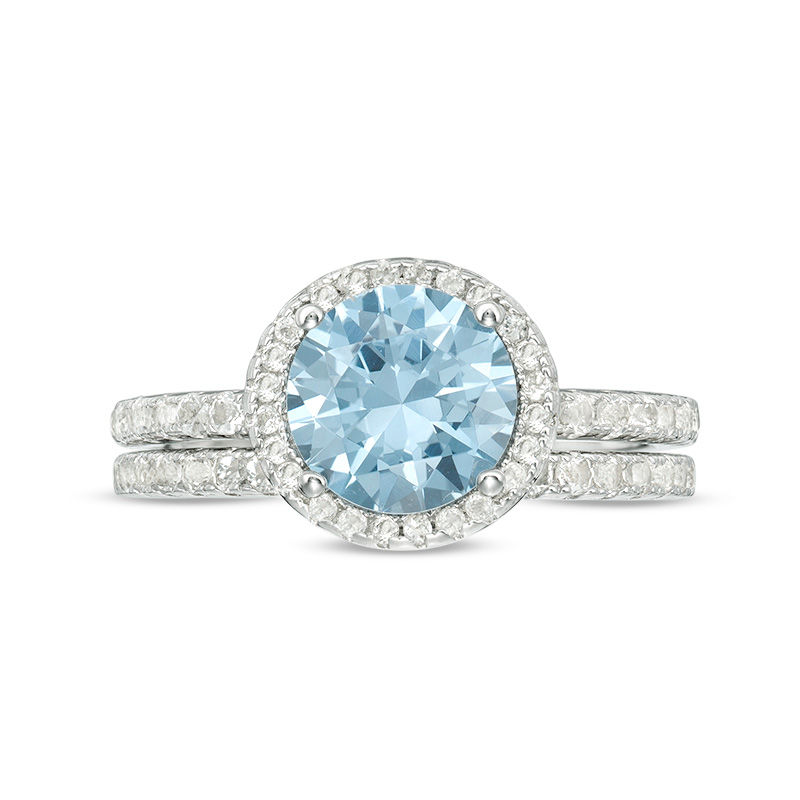 8.0mm Simulated Aquamarine and Lab-Created White Topaz Frame Bridal Set in Sterling Silver