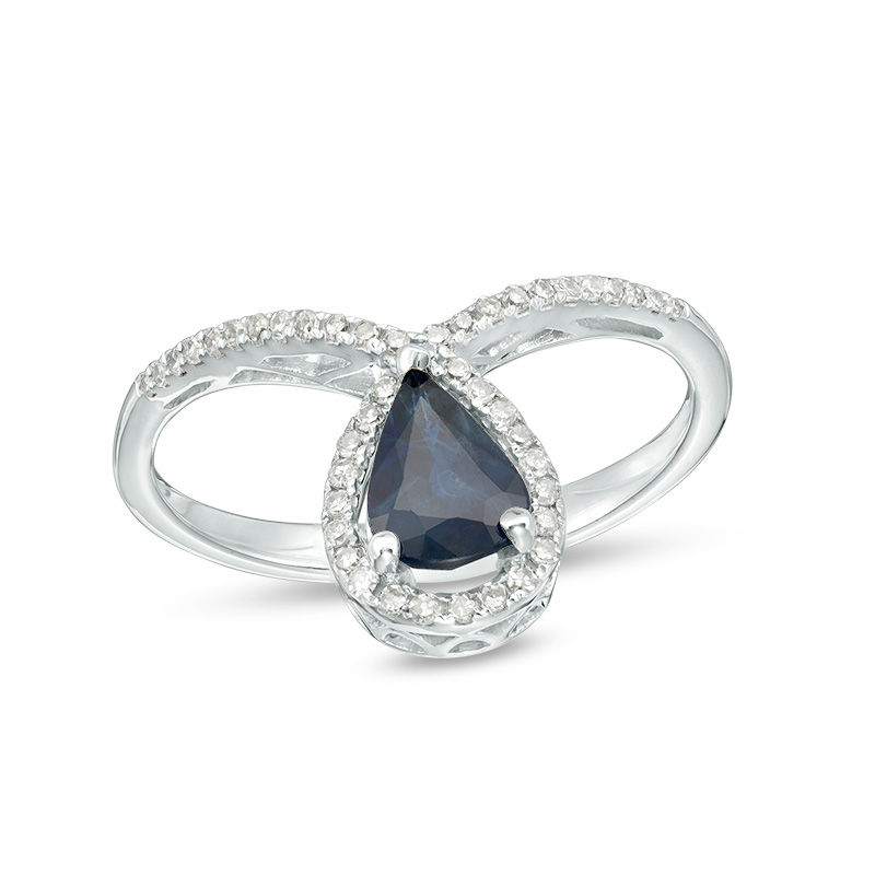 Pear-Shaped Blue Sapphire and 1/6 CT. T.W. Diamond Loop Frame Ring in 10K White Gold