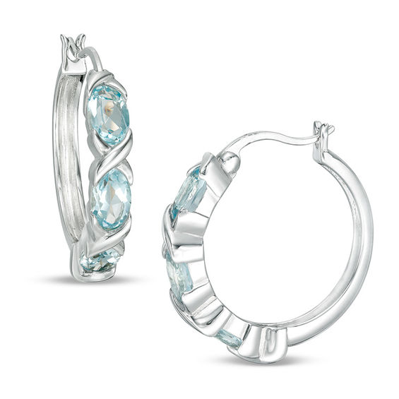 Oval Blue Topaz Three Stone Hoop Earrings in Sterling Silver