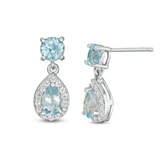 Blue and White Topaz Frame Drop Earrings in Sterling Silver