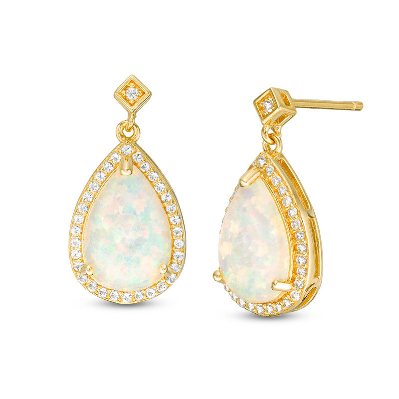 Pear-Shaped Lab-Created Opal and White Topaz Frame Drop Earrings in Sterling Silver with 18K Gold Plate