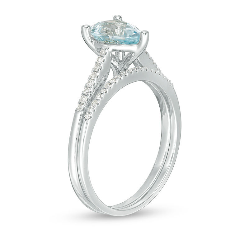 Main Image 2 of Pear-Shaped Aquamarine and 1/8 CT. T.W. Diamond Bridal Set in 10K White Gold