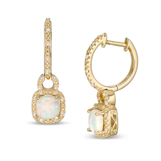 Cushion-Cut Lab-Created Opal and 1/8 CT. T.W. Diamond Frame Doorknocker Drop Earrings in 10K Gold Cushion-Cut Lab-Created Opal and 1/8 CT. T.W. Diamond Frame Doorknocker Drop Earrings in 10K Gold