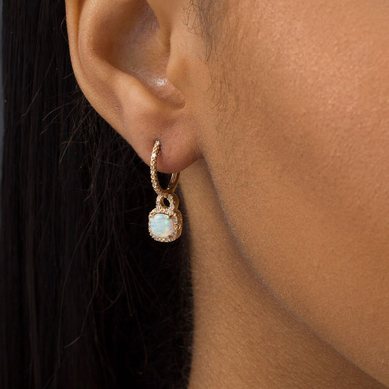 Cushion-Cut Lab-Created Opal and 1/8 CT. T.W. Diamond Frame Doorknocker Drop Earrings in 10K Gold Cushion-Cut Lab-Created Opal and 1/8 CT. T.W. Diamond Frame Doorknocker Drop Earrings in 10K Gold