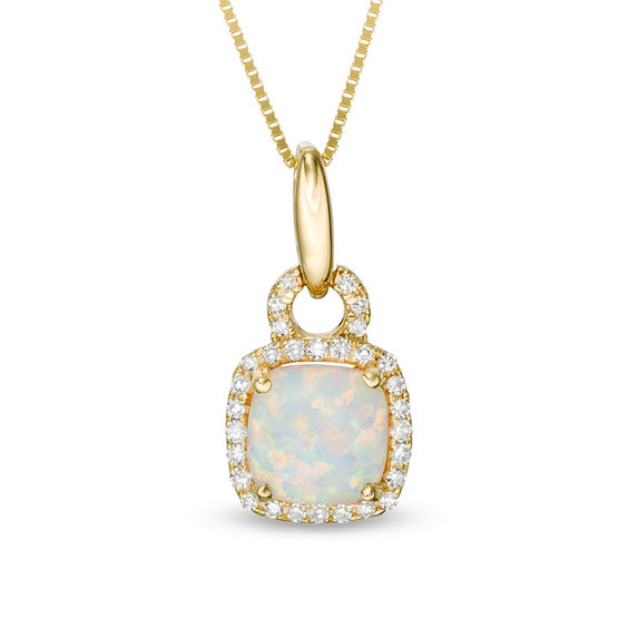 6.0mm Cushion-Cut Lab-Created Opal and 1/10 CT. T.w. Diamond Frame Doorknocker Pendant in 10K Gold