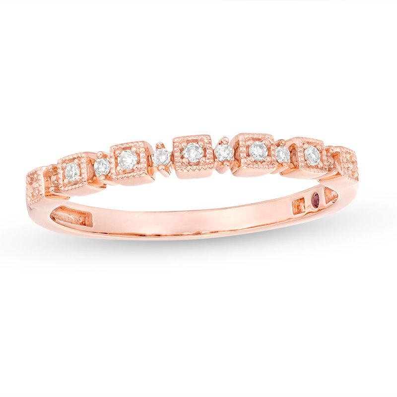 Main Image 1 of 1/20 CT. T.W. Diamond Alternating Square and Round Vintage-Style Stackable Band in 10K Rose Gold