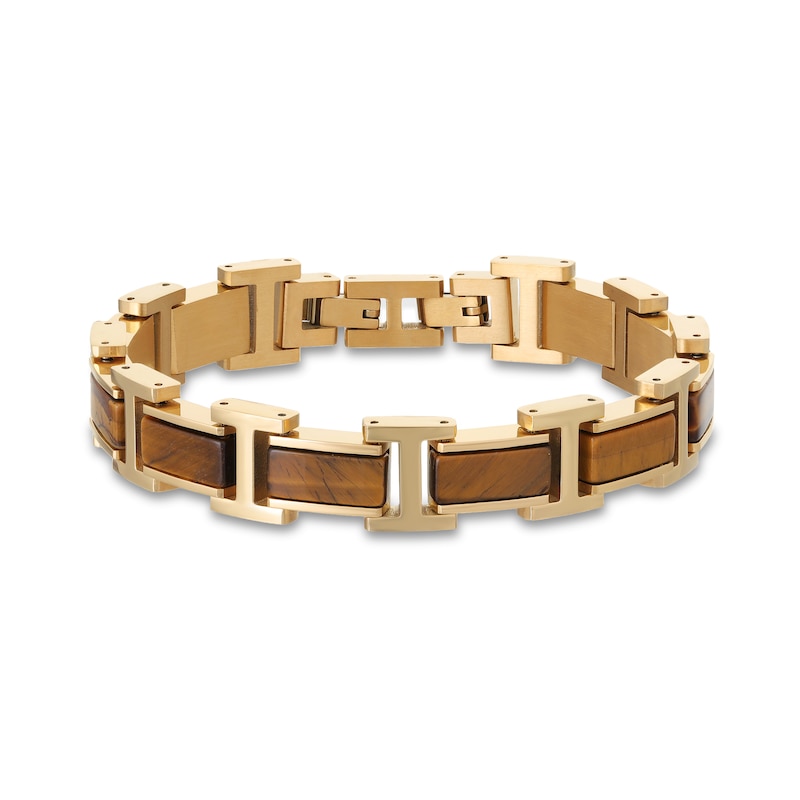 Main Image 2 of Tiger's Eye Link Bracelet in Stainless Steel with Yellow IP - 8.5"