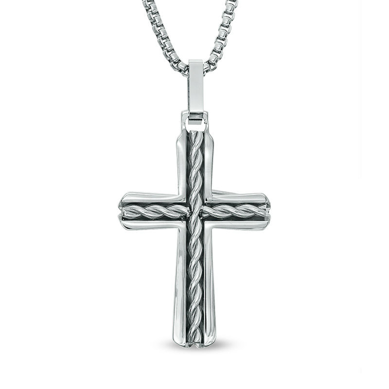 Main Image 1 of Men's Braided Cross Pendant in Stainless Steel - 24"