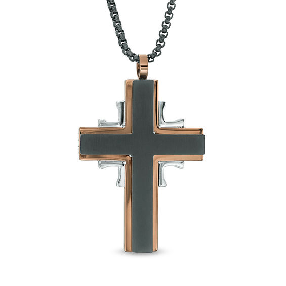 Men's Gothic-Style Cross Pendant in Tri-Tone Stainless Steel - 24"