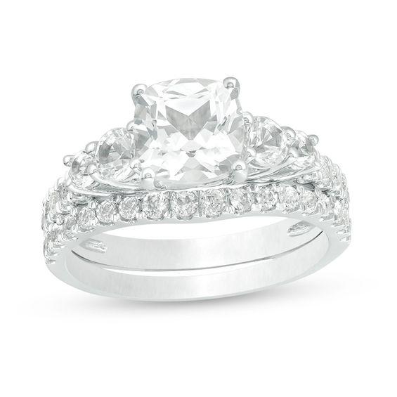 7.0mm Cushion-Cut Lab-Created White Sapphire Bridal Set in Sterling Silver