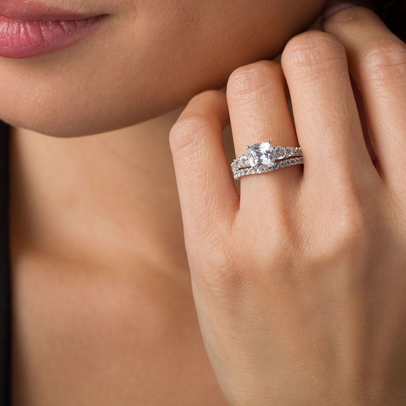 Main Image 2 of 7.0mm Cushion-Cut Lab-Created White Sapphire Bridal Set in Sterling Silver