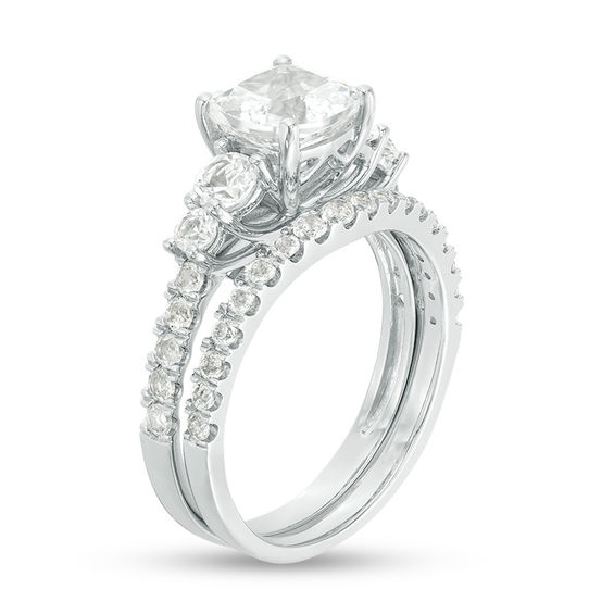 7.0mm Cushion-Cut Lab-Created White Sapphire Bridal Set in Sterling Silver