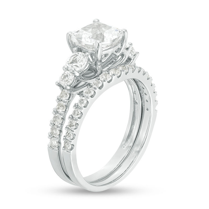 Main Image 3 of 7.0mm Cushion-Cut Lab-Created White Sapphire Bridal Set in Sterling Silver