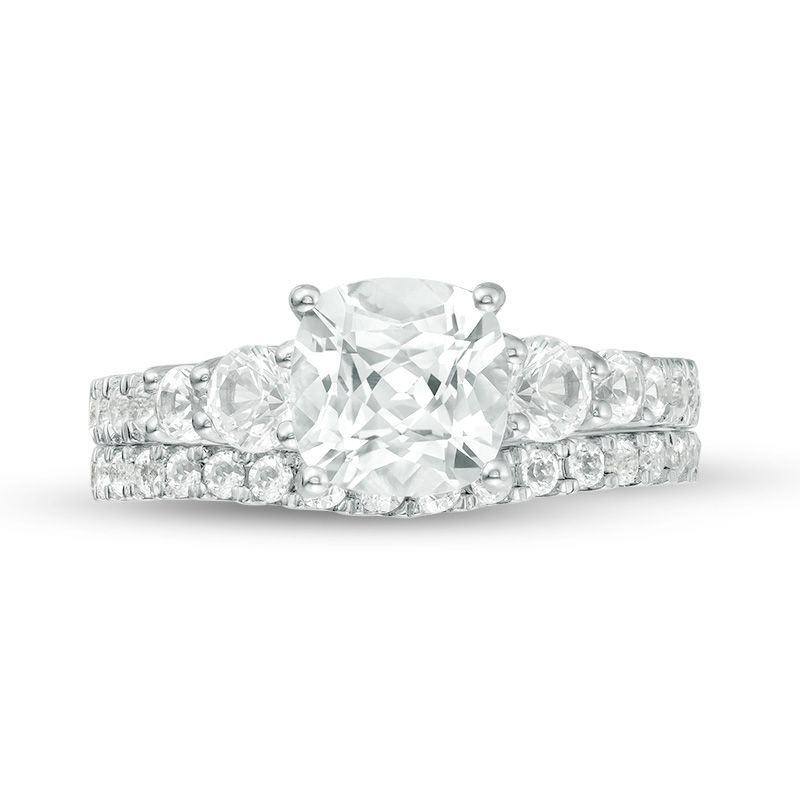 Main Image 4 of 7.0mm Cushion-Cut Lab-Created White Sapphire Bridal Set in Sterling Silver