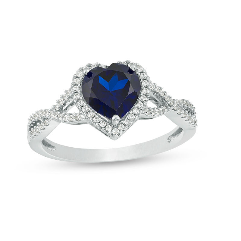 7.0mm Heart-Shaped Lab-Created Blue Sapphire and 1/5 CT. T.W. Diamond ...