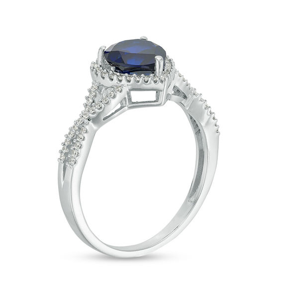 7.0mm Heart-Shaped Lab-Created Blue Sapphire and 1/5 CT. T.w. Diamond Frame Crossover Ring in 10K White Gold