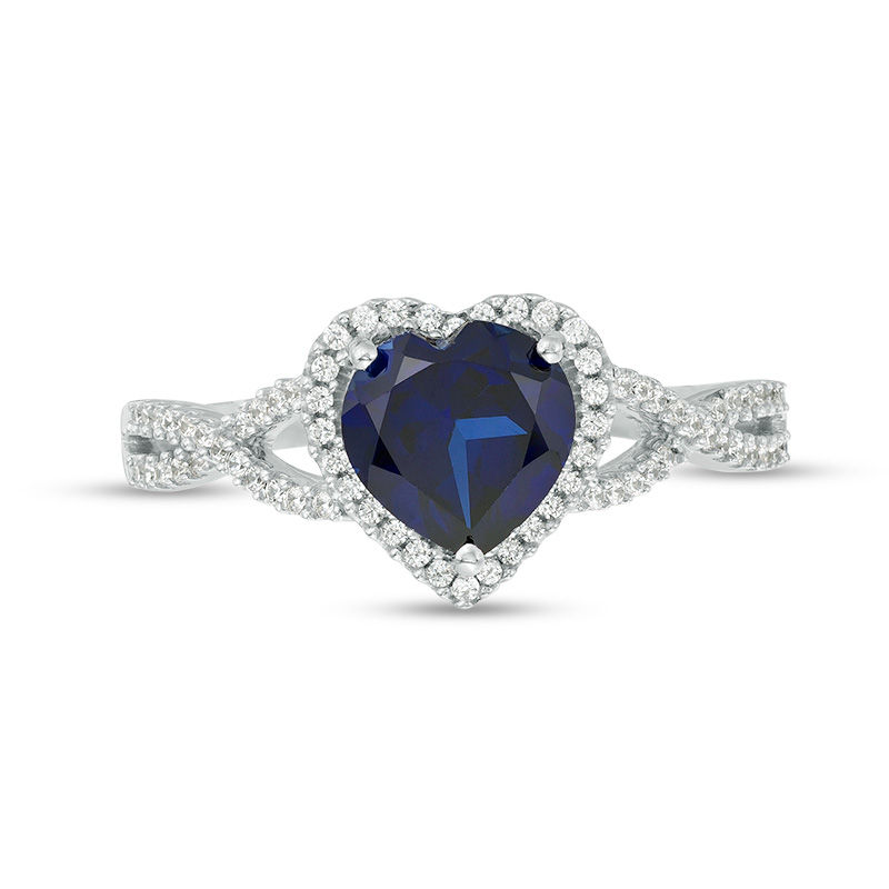 Main Image 4 of 7.0mm Heart-Shaped Lab-Created Blue Sapphire and 1/5 CT. T.W. Diamond Frame Crossover Ring in 10K White Gold