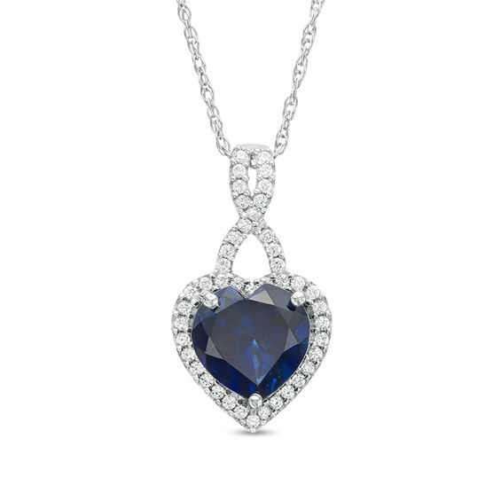7.0mm Heart-Shaped Lab-Created Blue Sapphire and 1/6 CT. T.w. Diamond Frame Twist Pendant in 10K White Gold