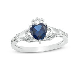 6.0mm Heart-Shaped Lab-Created Blue Sapphire and Diamond Accent Claddagh Ring in Sterling Silver