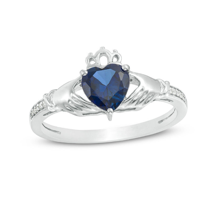 Main Image 1 of 6.0mm Heart-Shaped Lab-Created Blue Sapphire and Diamond Accent Claddagh Ring in Sterling Silver