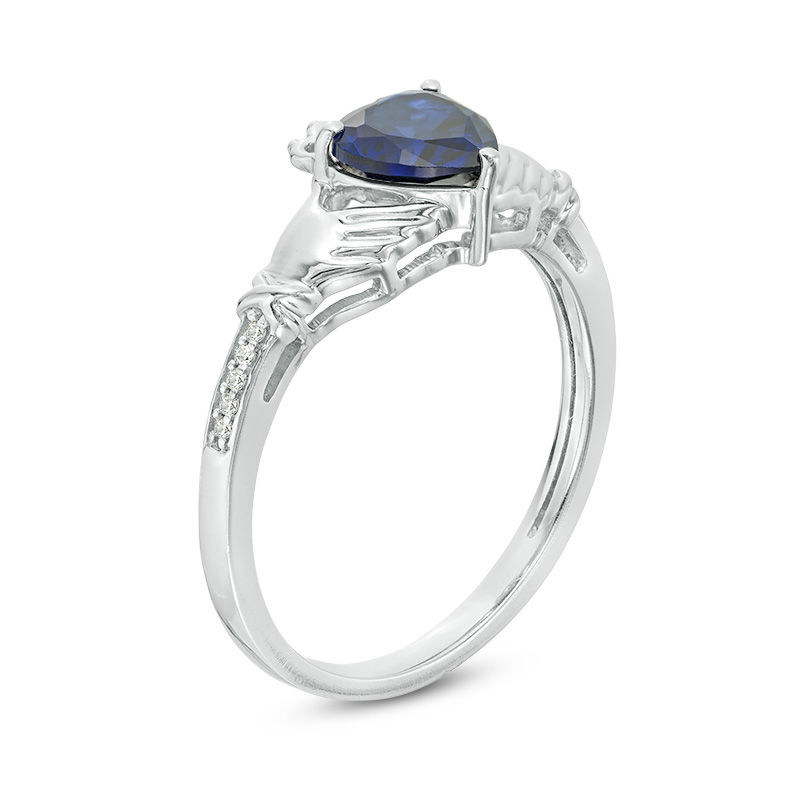 Main Image 3 of 6.0mm Heart-Shaped Lab-Created Blue Sapphire and Diamond Accent Claddagh Ring in Sterling Silver