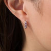 Thumbnail Image 1 of Lab-Created Ruby and 1/5 CT. T.W. Diamond Three Stone Sunburst Hoop Earrings in 10K White Gold