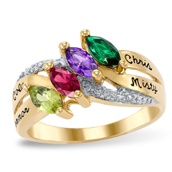 Mother's Marquise Birthstone Slant Ring by ArtCarved (4 Stones and Names)