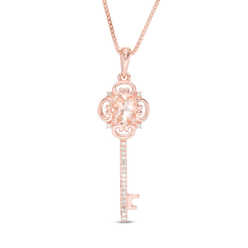 Oval Morganite and Diamond Accent Ornate Key Pendant in Sterling Silver with 14K Rose Gold Plate