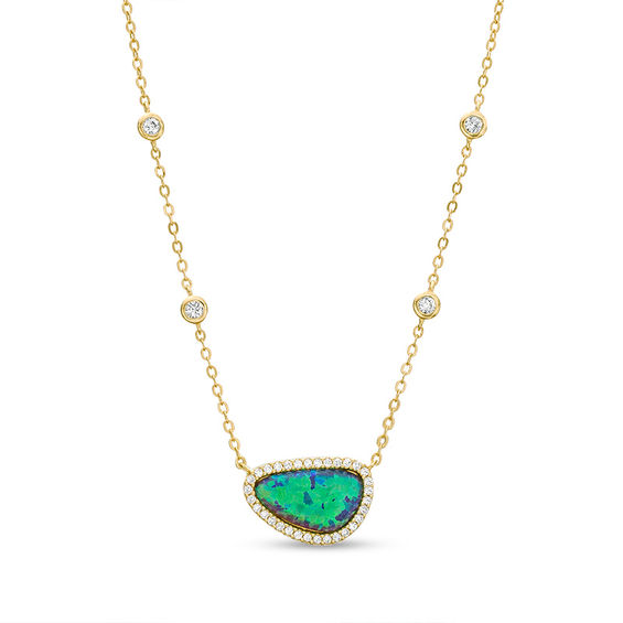 Abstract Pear-Shaped Lab-Created Blue Opal and White Sapphire Frame Necklace in Sterling Silver with 18K Gold Plate