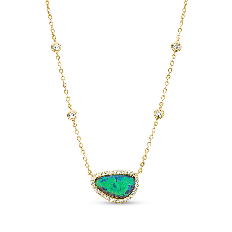Main Image 1 of Abstract Pear-Shaped Lab-Created Blue Opal and White Sapphire Frame Necklace in Sterling Silver with 18K Gold Plate