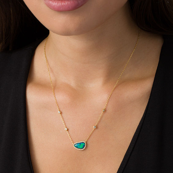 Abstract Pear-Shaped Lab-Created Blue Opal and White Sapphire Frame Necklace in Sterling Silver with 18K Gold Plate