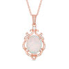 Thumbnail Image 1 of Oval Lab-Created Opal and White Sapphire Ornate Scroll Frame Drop Pendant in Sterling Silver with 14K Rose Gold Plate
