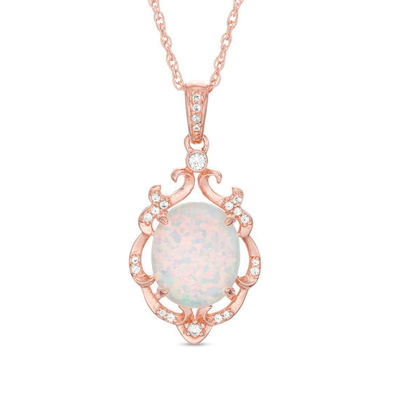 Oval Lab-Created Opal and White Sapphire Ornate Scroll Frame Drop Pendant in Sterling Silver with 14K Rose Gold Plate