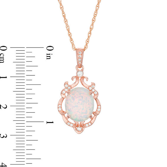 Oval Lab-Created Opal and White Sapphire Ornate Scroll Frame Drop Pendant in Sterling Silver with 14K Rose Gold Plate
