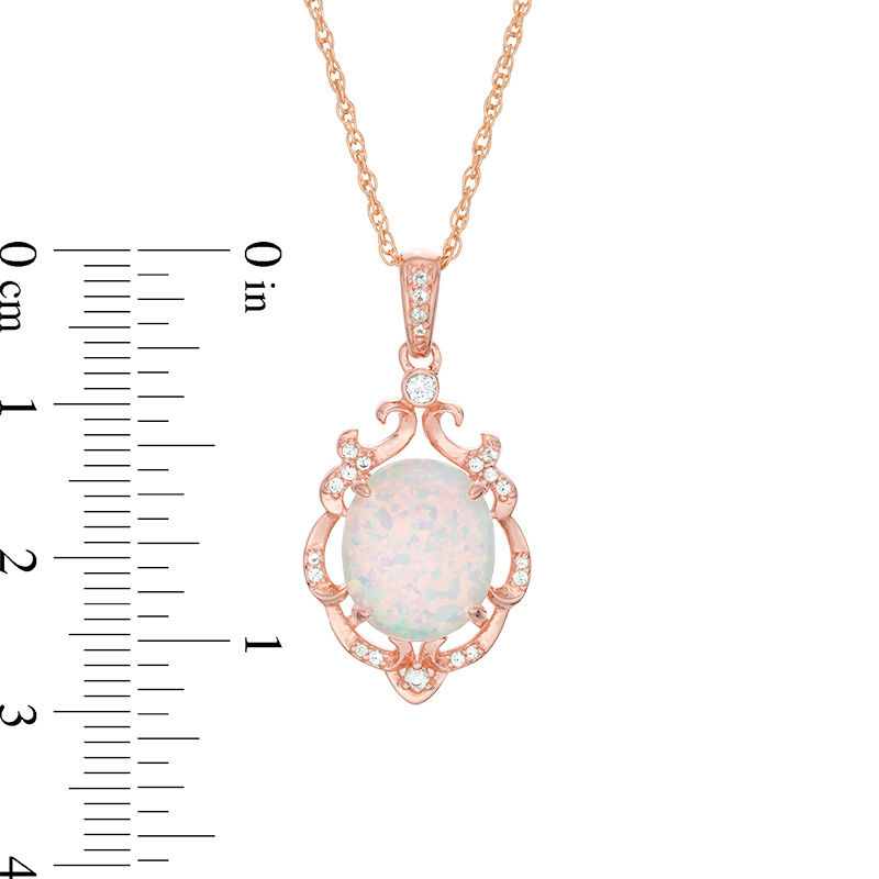 Main Image 2 of Oval Lab-Created Opal and White Sapphire Ornate Scroll Frame Drop Pendant in Sterling Silver with 14K Rose Gold Plate