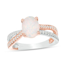Oval Opal and 1/4 CT. T.W. Diamond Crossover Ring in Sterling Silver and Rose Rhodium