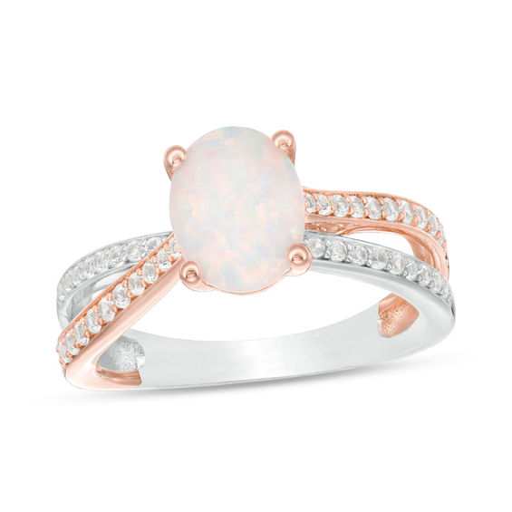 Oval Opal and 1/4 CT. T.w. Diamond Crossover Ring in Sterling Silver and Rose Rhodium