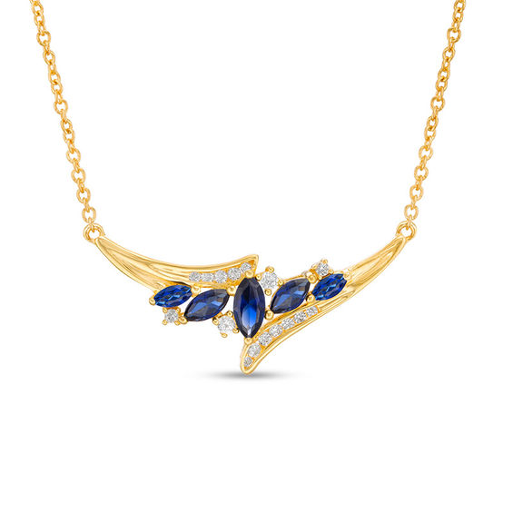 Marquise Lab-Created Blue and White Sapphire Five Stone Bypass Necklace in Sterling Silver with 14K Gold Plate - 17" Marquise Lab-Created Blue and White Sapphire Five Stone Bypass Necklace in Sterling Silver with 14K Gold Plate - 17"