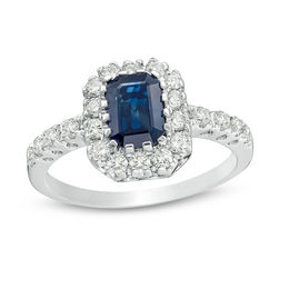 Emerald-Cut Blue Sapphire and 1/2 CT. T.W. Diamond Frame Engagement Ring in 14K White Gold
