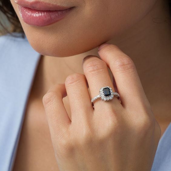 Emerald-Cut Blue Sapphire and 1/2 CT. T.w. Diamond Frame Engagement Ring in 14K White Gold
