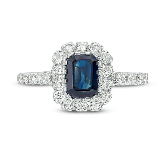 Emerald-Cut Blue Sapphire and 1/2 CT. T.w. Diamond Frame Engagement Ring in 14K White Gold