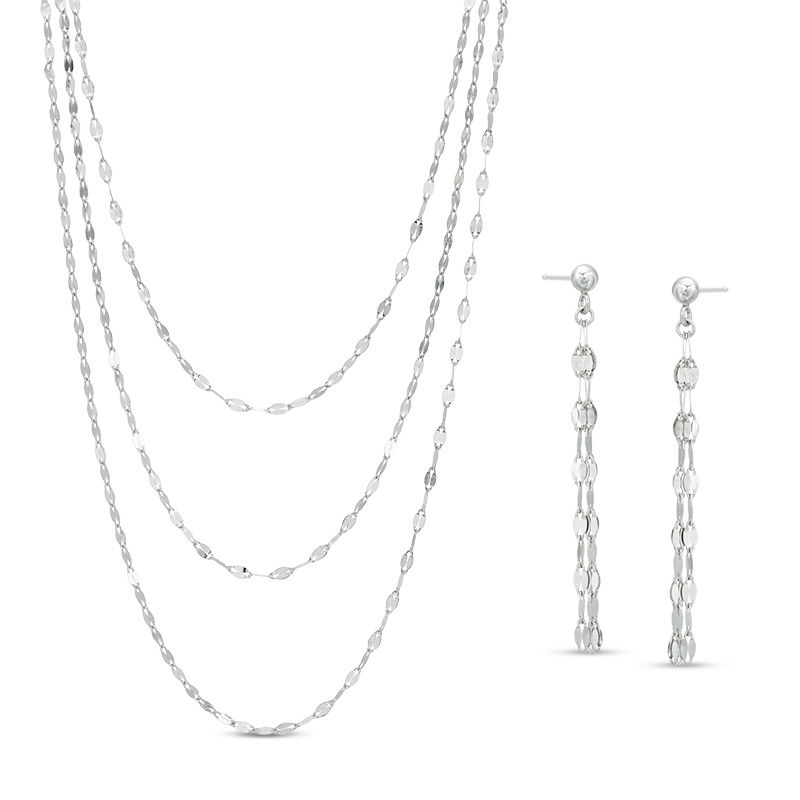 Main Image 1 of Made in Italy Triple-Strand Sparkle Chain Necklace and Tassel Drop Earrings Set in Sterling Silver
