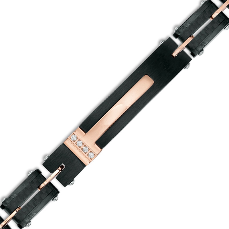 Main Image 1 of Men's 1/20 CT. T.W. Diamond Carbon fiber Link ID Bracelet in Stainless Steel and Black and Rose IP - 8.25"