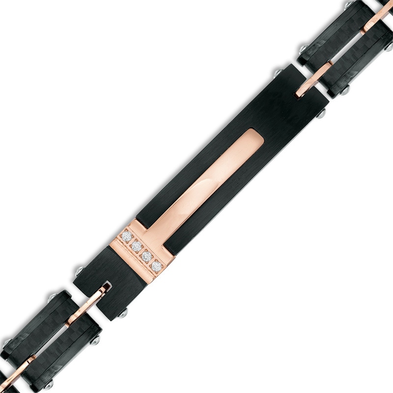 Men's 1/20 CT. T.W. Diamond Carbon fiber Link ID Bracelet in Stainless Steel and Black and Rose IP - 8.25"