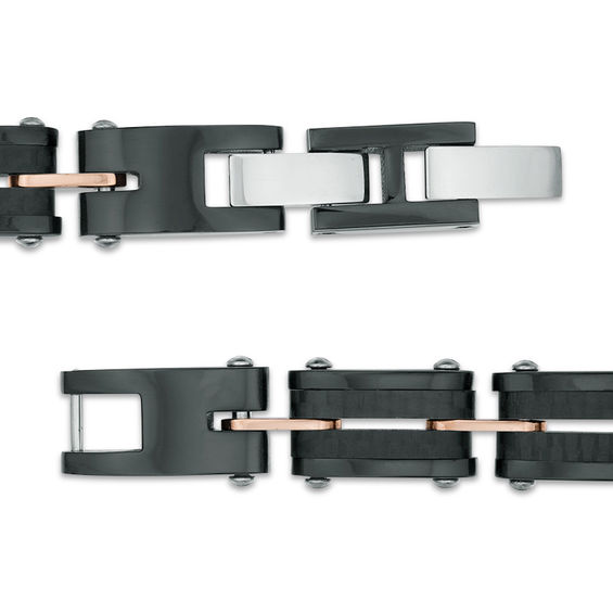 1/20 CT. T.w. Diamond Carbon fiber Link ID Bracelet in Stainless Steel and Black and Rose IP - 8.25"