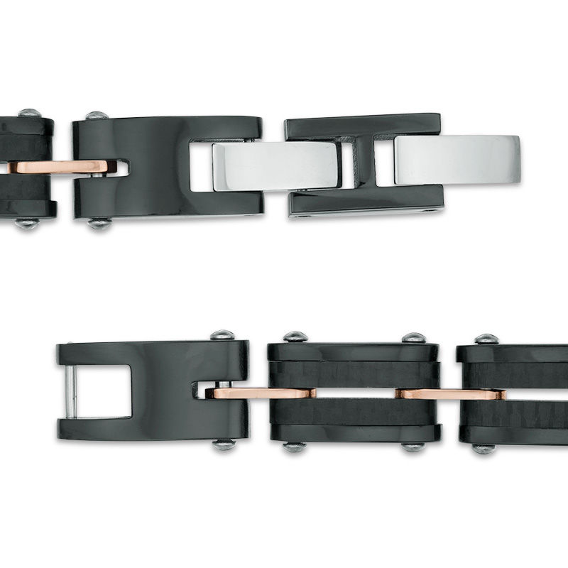 Main Image 2 of Men's 1/20 CT. T.W. Diamond Carbon fiber Link ID Bracelet in Stainless Steel and Black and Rose IP - 8.25"